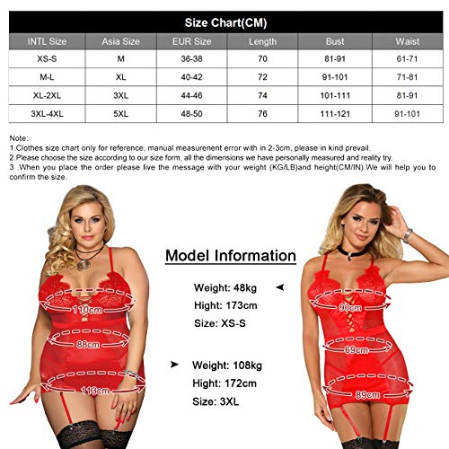 comeondear Mujer Ropa de Dormir Babydoll Encaje Satén con Liguero Talla Grande