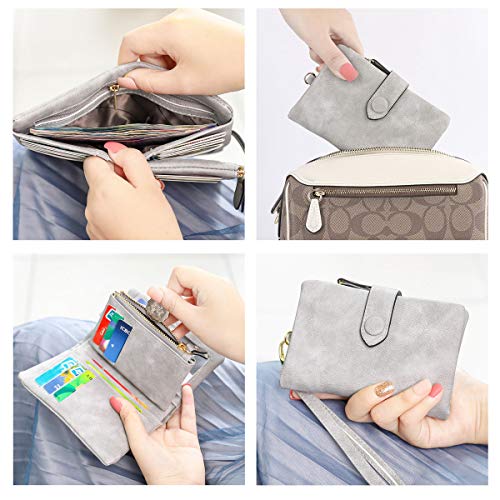 Conisy Cartera Pequeña Mujer con protección RFID,Gran Capacidad Corta Monedero de Suave Cuero con Correas de Muñeca (Gris)