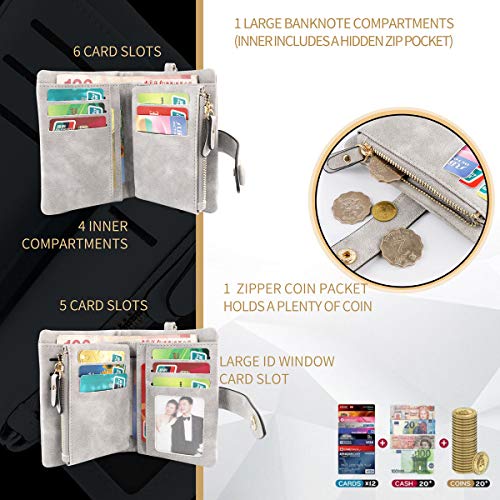 Conisy Cartera Pequeña Mujer con protección RFID,Gran Capacidad Corta Monedero de Suave Cuero con Correas de Muñeca (Gris)
