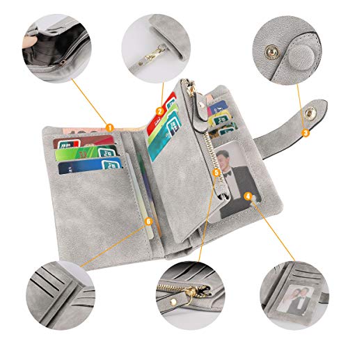 Conisy Cartera Pequeña Mujer con protección RFID,Gran Capacidad Corta Monedero de Suave Cuero con Correas de Muñeca (Gris)