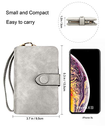 Conisy Cartera Pequeña Mujer con protección RFID,Gran Capacidad Corta Monedero de Suave Cuero con Correas de Muñeca (Gris)