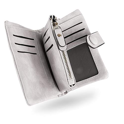 Conisy Cartera Pequeña Mujer con protección RFID,Gran Capacidad Corta Monedero de Suave Cuero con Correas de Muñeca (Gris)
