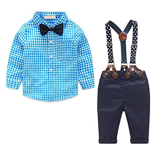 Conjunto Bebe Niño Verano Ropa Bebe Niño Camisa a Cuadros Azul de Manga Larga + Pajarita + Pantalón + Tirantes Traje de Fiesta de Bodas para Bebes