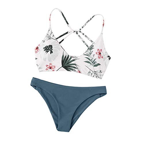 Conjunto Bikini para Mujer Push up con Relleno Bikini Acolchado con Tirantes Bikini Brasileño Estampado Floral Braguita Lisa (Azul, L)