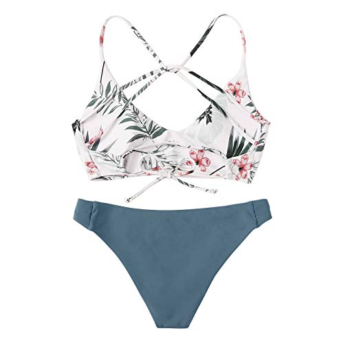 Conjunto Bikini para Mujer Push up con Relleno Bikini Acolchado con Tirantes Bikini Brasileño Estampado Floral Braguita Lisa (Azul, L)