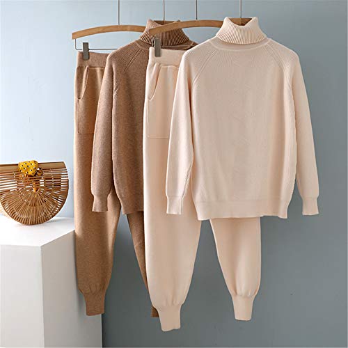 Conjunto de 2 Piezas de chándal de Punto para Mujer, suéter de Cuello Alto + pantalón de harén Khaki One Size