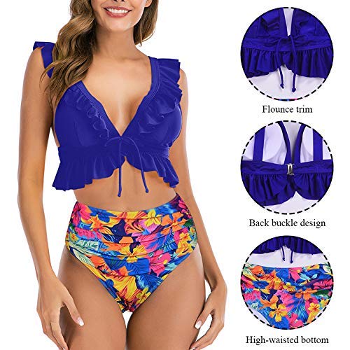 Conjunto de Bikini con Volantes Push up, 2 Piezas de Talle Alto, Cuello en V Profundo, Traje de baño de Playa Acolchado para Mujer (Azul, 2XL)