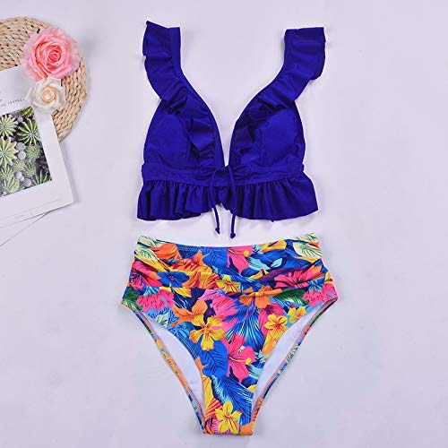 Conjunto de Bikini con Volantes Push up, 2 Piezas de Talle Alto, Cuello en V Profundo, Traje de baño de Playa Acolchado para Mujer (Azul, 2XL)