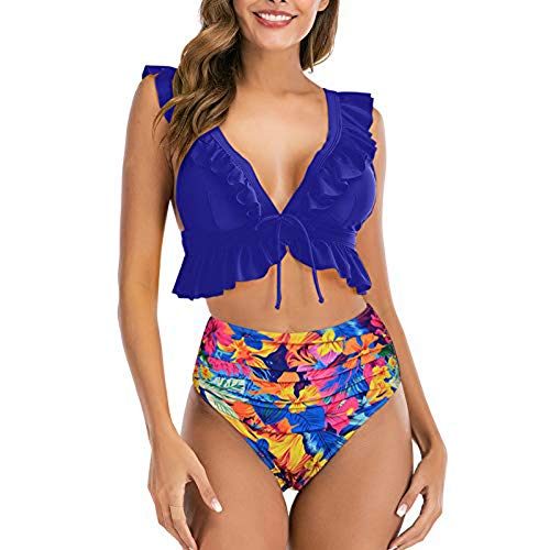 Conjunto de Bikini con Volantes Push up, 2 Piezas de Talle Alto, Cuello en V Profundo, Traje de baño de Playa Acolchado para Mujer (Azul, 2XL)