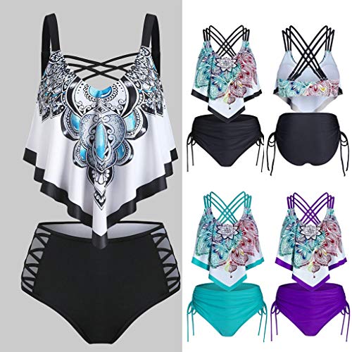 Conjunto de Bikini de Vendaje con Volantes y Cintura Alta con Estampado Floral para Mujer, Trajes de baño de Moda de Verano, Traje de baño Acolchado, Ropa de Playa, Traje de baño