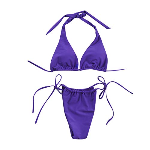 Conjunto de Bikini Halter con Cordones para Mujer, Traje de baño de Dos Piezas de Corte Alto con Tirantes Cruzados sólidos Sexis y Lazo Lateral