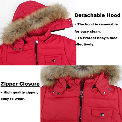 Conjunto de Esquí 2 Piezas Traje de Nieve - Chaqueta con Capucha + Pantalón de Esquí Niños Niñas Traje de Esquí Abrigos de Pluma Pantalones de Nieve de Babero Impermeable, Rojo 18-24 MESI