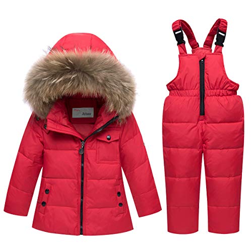 Conjunto de Esquí 2 Piezas Traje de Nieve - Chaqueta con Capucha + Pantalón de Esquí Niños Niñas Traje de Esquí Abrigos de Pluma Pantalones de Nieve de Babero Impermeable, Rojo 18-24 MESI