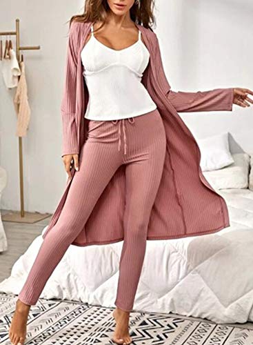 Conjunto de pijama para mujer, 3 piezas, manga larga, cárdigan con correa de espagueti, parte superior sin mangas, cordón en la cintura, pantalones delgados para el hogar