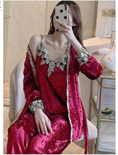 Conjunto de Pijamas cálidos de otoño Invierno para Mujer, Pijamas Sexis de Terciopelo Dorado Profundo, Conjuntos de Pijamas para Mujer, Conjunto de pantalón Largo, Bata para Mujer