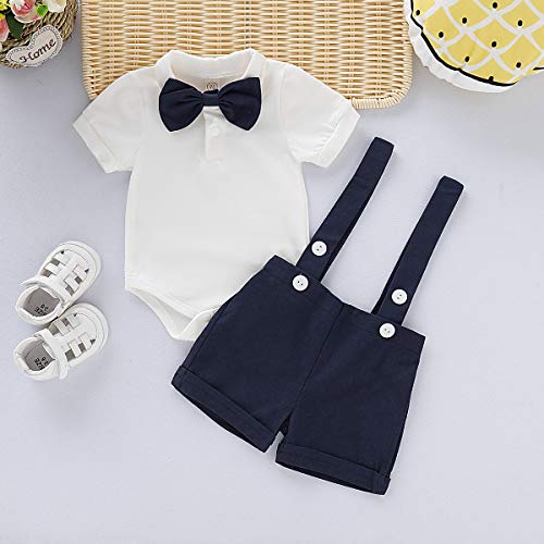Conjunto de traje de caballero para bebé, de manga corta, con camiseta, pelele y tirantes cortos, para bautizo, boda, 0 – 24 meses A-Dark Blue 6-12 Meses