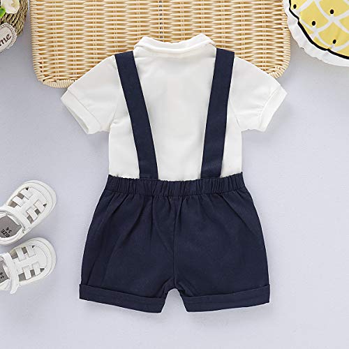 Conjunto de traje de caballero para bebé, de manga corta, con camiseta, pelele y tirantes cortos, para bautizo, boda, 0 – 24 meses A-Dark Blue 6-12 Meses