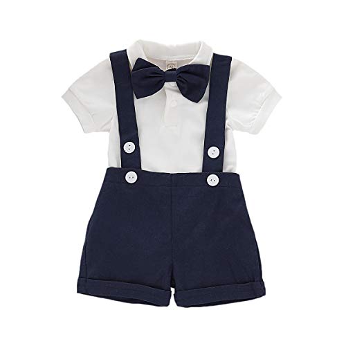 Conjunto de traje de caballero para bebé, de manga corta, con camiseta, pelele y tirantes cortos, para bautizo, boda, 0 – 24 meses A-Dark Blue 6-12 Meses