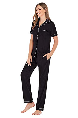 Conjunto Interior Mujer Dos Piezas Pantalon y Camiseta con Botones Manga Corta Chandal Deporte Señora Ropa de Dormir Pijama Camisero Raso Traje de Casa Casual Lenceria Camison Saten