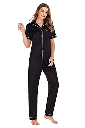 Conjunto Interior Mujer Dos Piezas Pantalon y Camiseta con Botones Manga Corta Chandal Deporte Señora Ropa de Dormir Pijama Camisero Raso Traje de Casa Casual Lenceria Camison Saten