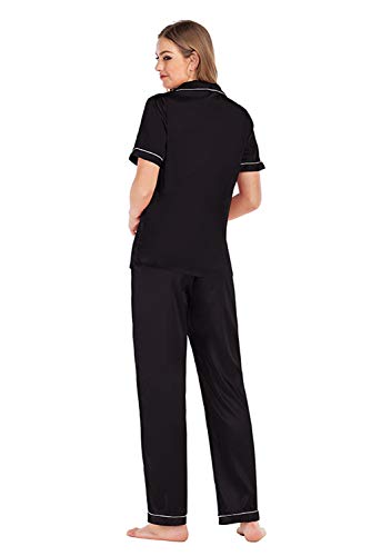 Conjunto Interior Mujer Dos Piezas Pantalon y Camiseta con Botones Manga Corta Chandal Deporte Señora Ropa de Dormir Pijama Camisero Raso Traje de Casa Casual Lenceria Camison Saten