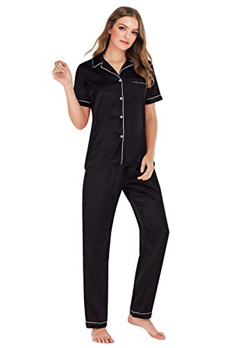 Conjunto Interior Mujer Dos Piezas Pantalon y Camiseta con Botones Manga Corta Chandal Deporte Señora Ropa de Dormir Pijama Camisero Raso Traje de Casa Casual Lenceria Camison Saten