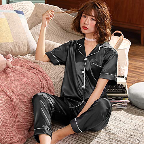 Conjunto Interior Mujer Dos Piezas Pantalon y Camiseta con Botones Manga Corta Chandal Deporte Señora Ropa de Dormir Pijama Camisero Raso Traje de Casa Casual Lenceria Camison Saten