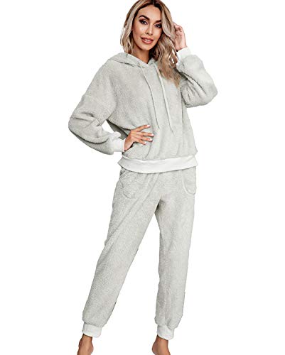 Conjunto Pijama con Capucha Mujer Polar Manga Larga Pijamas Polares Largos Mujer Tallas Grandes Homewear Set Pijama Felpa Dos Piezas Mujeres Talla Grande Largo Traje Pijamas 2 Piezas Señora Gris M