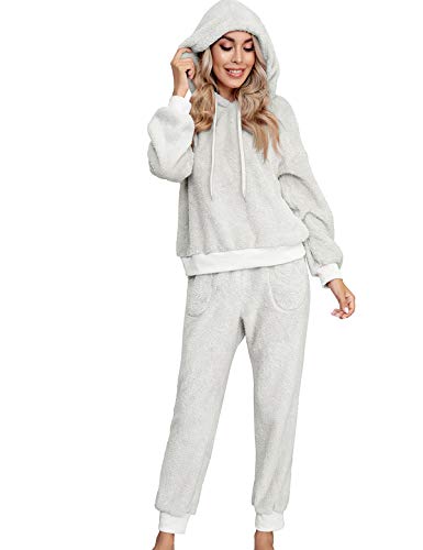 Conjunto Pijama con Capucha Mujer Polar Manga Larga Pijamas Polares Largos Mujer Tallas Grandes Homewear Set Pijama Felpa Dos Piezas Mujeres Talla Grande Largo Traje Pijamas 2 Piezas Señora Gris M