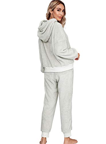 Conjunto Pijama con Capucha Mujer Polar Manga Larga Pijamas Polares Largos Mujer Tallas Grandes Homewear Set Pijama Felpa Dos Piezas Mujeres Talla Grande Largo Traje Pijamas 2 Piezas Señora Gris M