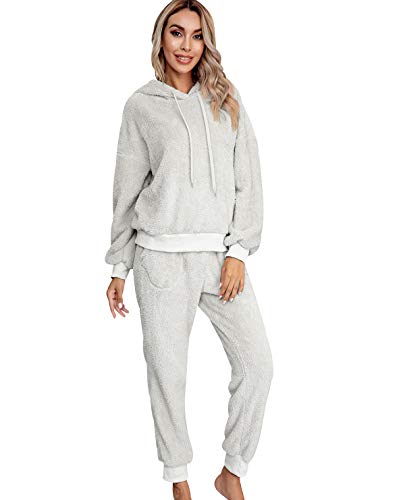 Conjunto Pijama con Capucha Mujer Polar Manga Larga Pijamas Polares Largos Mujer Tallas Grandes Homewear Set Pijama Felpa Dos Piezas Mujeres Talla Grande Largo Traje Pijamas 2 Piezas Señora Gris M