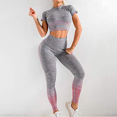 Conjunto Yoga Ropa Fitness Conjunto Deporte Mujer Pantalones Leggings De Yoga Súper Elásticos Sin Costuras y Camiseta Deportiva De Manga Corta Sin Costuras para Mujeres Gym Running Yoga (Rosado, S)