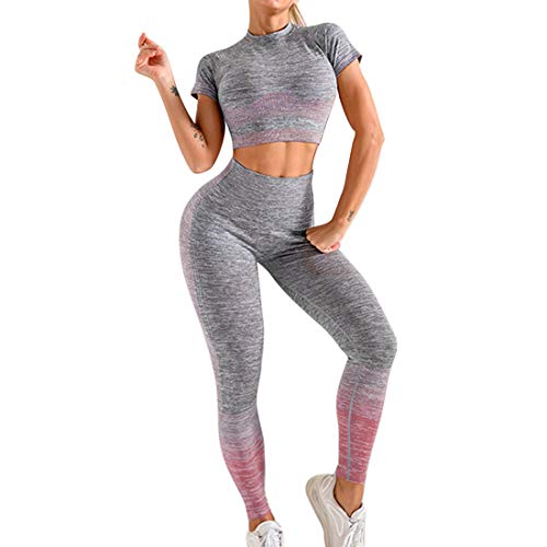 Conjunto Yoga Ropa Fitness Conjunto Deporte Mujer Pantalones Leggings De Yoga Súper Elásticos Sin Costuras y Camiseta Deportiva De Manga Corta Sin Costuras para Mujeres Gym Running Yoga (Rosado, S)