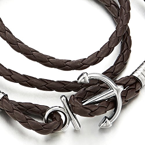 COOLSTEELANDBEYOND Tres Vueltas Náutico Marinero Marrón Cuero Pulsera del Abrigo, Pulsera del Ancla Hombre Mujer