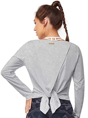 COOTRY Camiseta deportiva para mujer funcional de corte holgado con nudos, camiseta deportiva de manga larga Split Top transpirable Yoga Running gris M