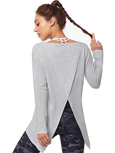 COOTRY Camiseta deportiva para mujer funcional de corte holgado con nudos, camiseta deportiva de manga larga Split Top transpirable Yoga Running gris M