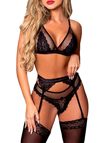 CORAFRITZ Conjunto de lencería de encaje sexy para mujer con diseño de leopardo, malla de patchwork, conjunto de lencería hueco