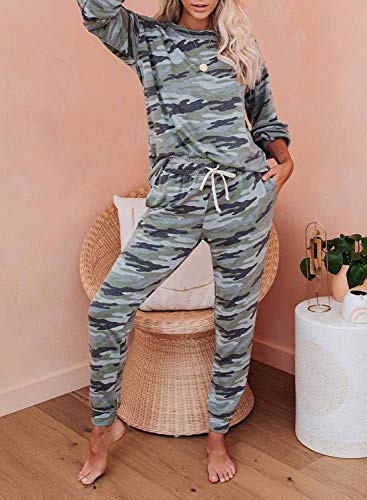 CORAFRITZ Pijama Mujer Invierno Algodon Manga Larga 2 Piezas Set Pijama Camuflaje Mujer Ropa de Dormir Mujer Invierno Pijamas Mujer Camiseta y Pantalón con Cordón Ajustable