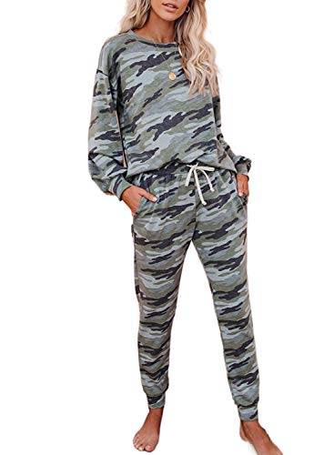 CORAFRITZ Pijama Mujer Invierno Algodon Manga Larga 2 Piezas Set Pijama Camuflaje Mujer Ropa de Dormir Mujer Invierno Pijamas Mujer Camiseta y Pantalón con Cordón Ajustable