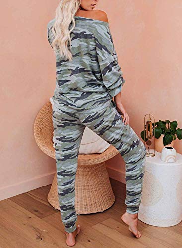 CORAFRITZ Pijama Mujer Invierno Algodon Manga Larga 2 Piezas Set Pijama Camuflaje Mujer Ropa de Dormir Mujer Invierno Pijamas Mujer Camiseta y Pantalón con Cordón Ajustable