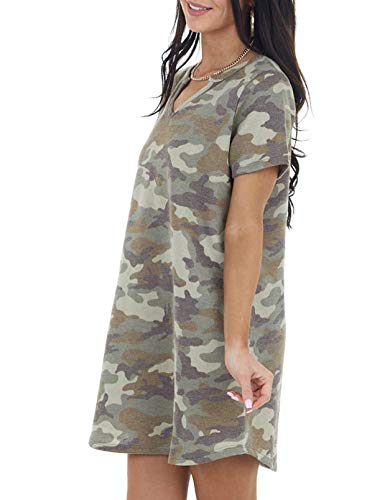 CORAFRITZ Vestido de Camiseta de Camuflaje de Moda para Mujer Mini Vestido de Manga Corta con Cuello en V y Bolsillo