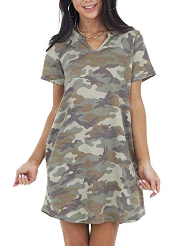 CORAFRITZ Vestido de Camiseta de Camuflaje de Moda para Mujer Mini Vestido de Manga Corta con Cuello en V y Bolsillo