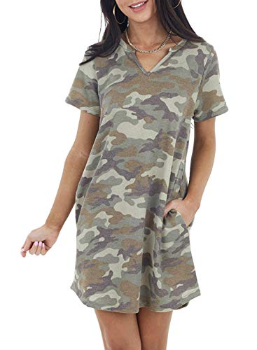 CORAFRITZ Vestido de Camiseta de Camuflaje de Moda para Mujer Mini Vestido de Manga Corta con Cuello en V y Bolsillo