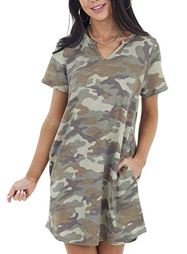 CORAFRITZ Vestido de Camiseta de Camuflaje de Moda para Mujer Mini Vestido de Manga Corta con Cuello en V y Bolsillo