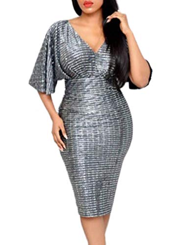 CORAFRITZ Vestido de sirena de noche con lentejuelas y cuello en V para mujer