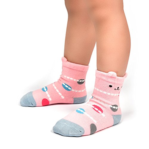 Cottock 12 Pares de Calcetines Antideslizantes para Niñas Pequeñas Algodón Lindo con Puños, Calcetines Antideslizantes para Piñas Pequeñas (12 pares, 0-6 meses)