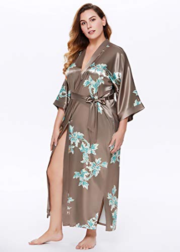 Coucoland Bata de mujer con kimono, tallas grandes, albornoz largo, de verano, con estampado de flores, vestido de playa, elegante, de satén A café Talla única