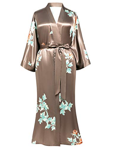 Coucoland Bata de mujer con kimono, tallas grandes, albornoz largo, de verano, con estampado de flores, vestido de playa, elegante, de satén A café Talla única