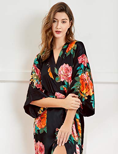 Coucoland Bata de verano para mujer, con estampado de flores, albornoz largo, kimono, bata de noche para mujer Negro Talla única