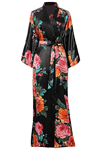 Coucoland Bata de verano para mujer, con estampado de flores, albornoz largo, kimono, bata de noche para mujer Negro Talla única